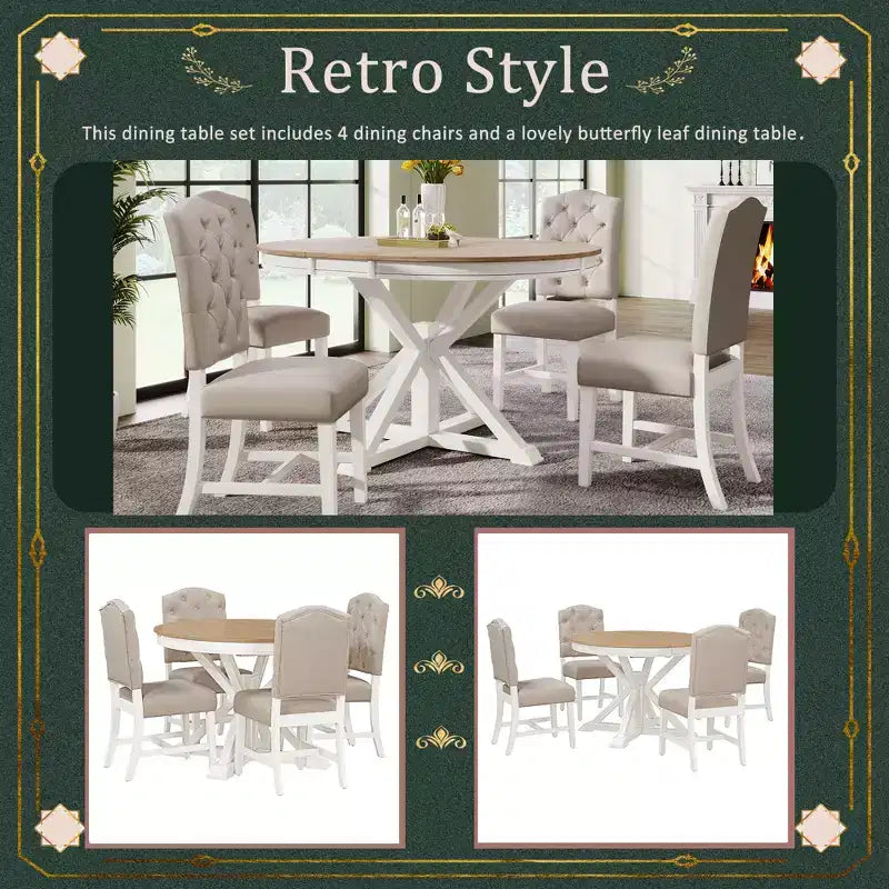 Set Tavolo da Pranzo Allungabile per 4, Tavolo Rotondo in Legno con 4 Sedie Imbottite per Cucina