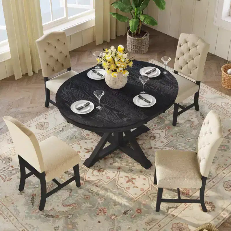 Set Tavolo da Pranzo Allungabile per 4, Tavolo Rotondo in Legno con 4 Sedie Imbottite per Cucina