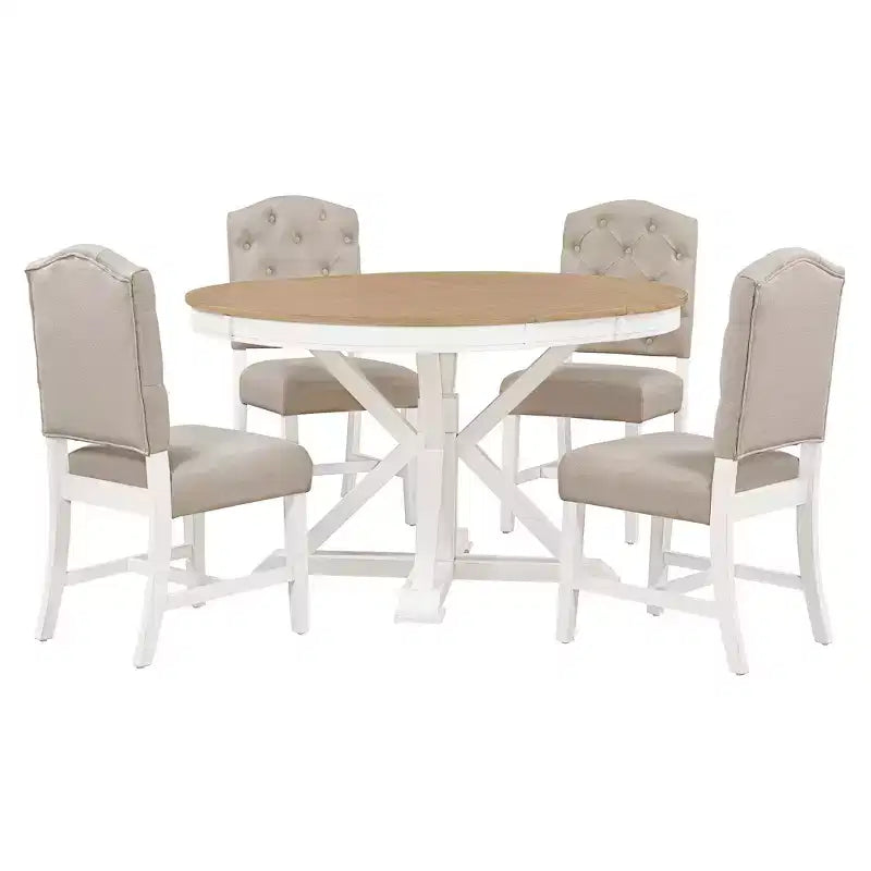Set Tavolo da Pranzo Allungabile per 4, Tavolo Rotondo in Legno con 4 Sedie Imbottite per Cucina
