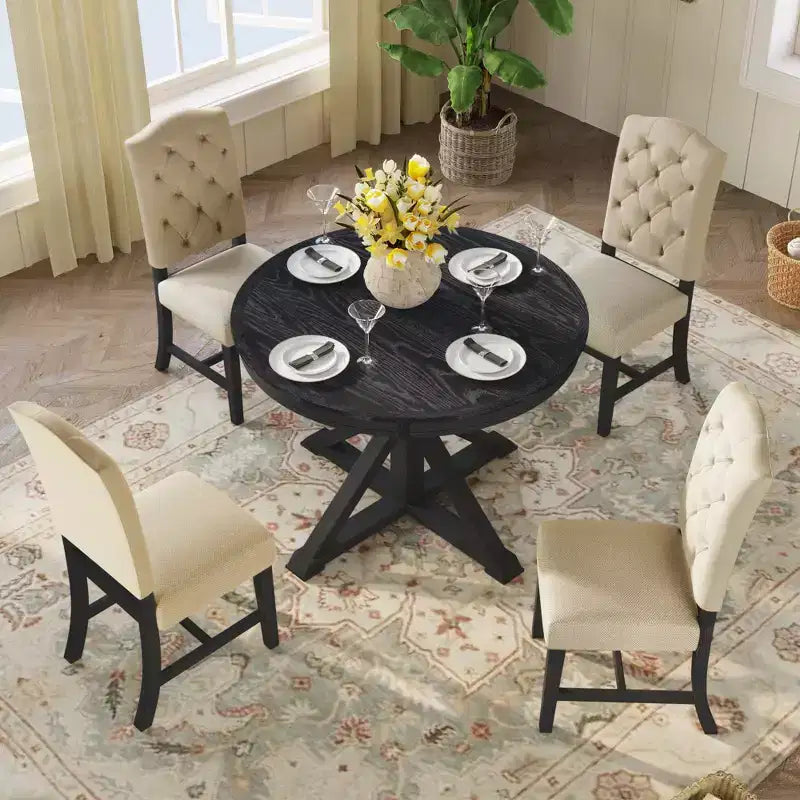 Set Tavolo da Pranzo Allungabile per 4, Tavolo Rotondo in Legno con 4 Sedie Imbottite per Cucina