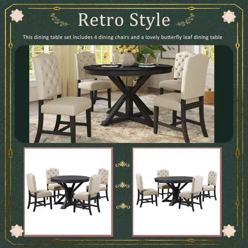 Set Tavolo da Pranzo Allungabile per 4, Tavolo Rotondo in Legno con 4 Sedie Imbottite per Cucina