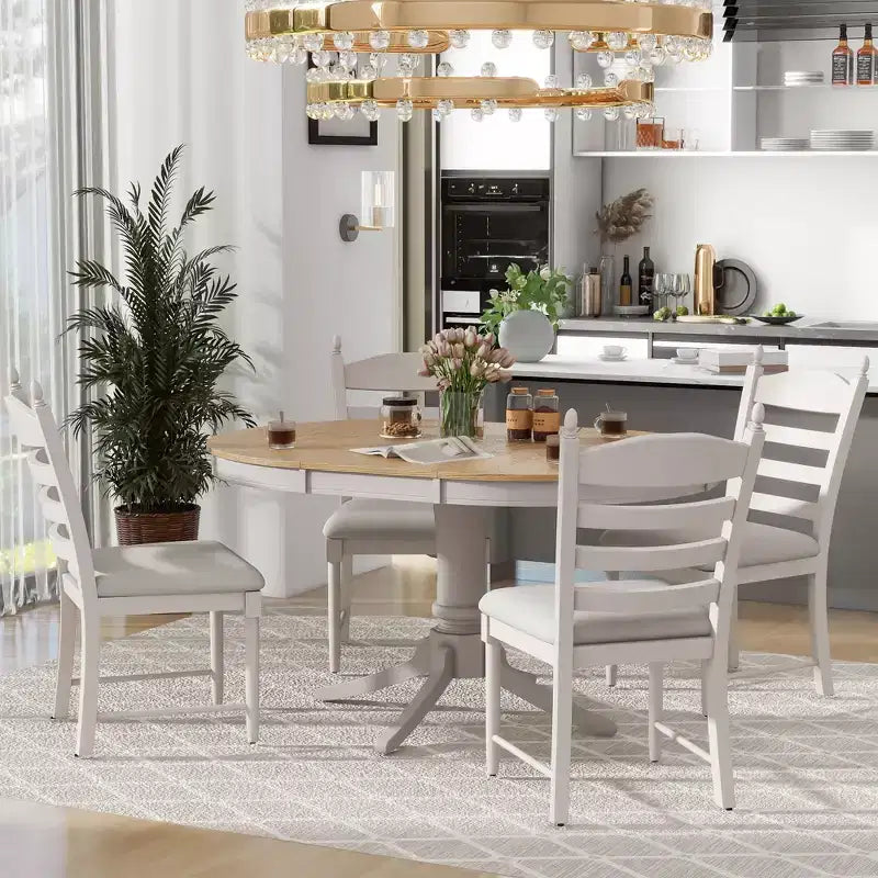 Set tavolo da pranzo rotondo allungabile per 4 persone, set da pranzo stile rustico e 4 sedie imbottite