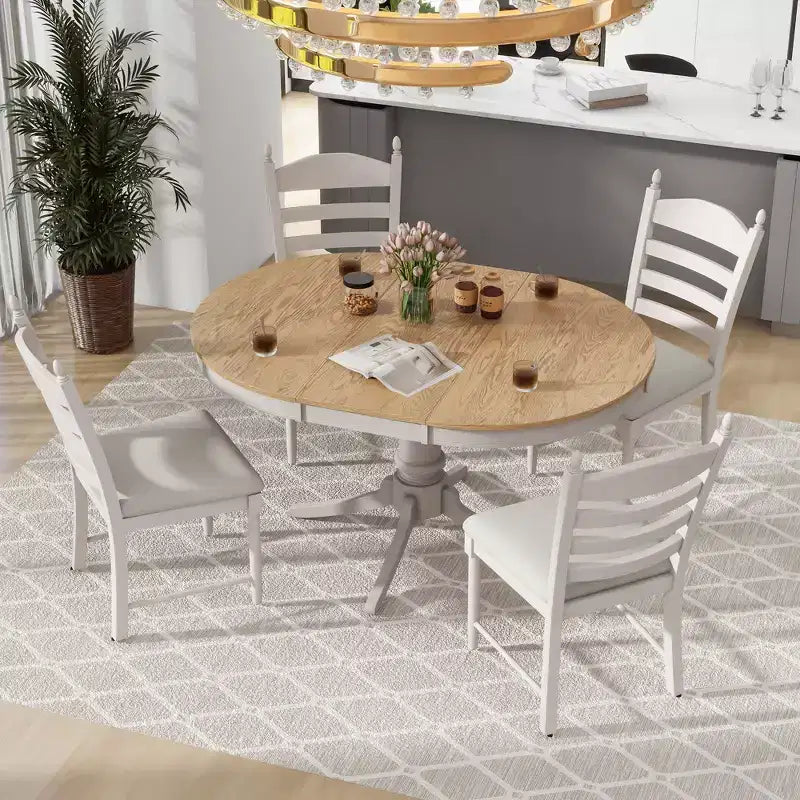 Set tavolo da pranzo rotondo allungabile per 4 persone, set da pranzo stile rustico e 4 sedie imbottite