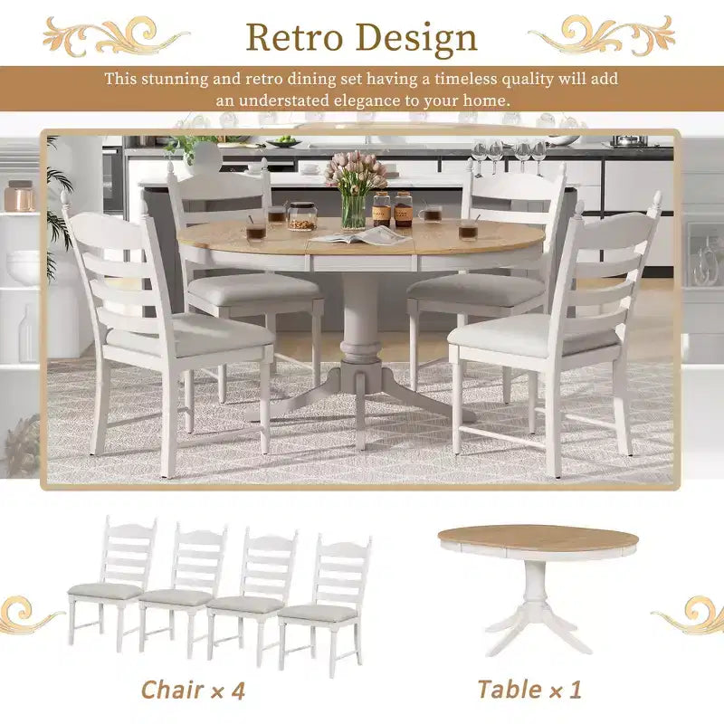 Set tavolo da pranzo rotondo allungabile per 4 persone, set da pranzo stile rustico e 4 sedie imbottite