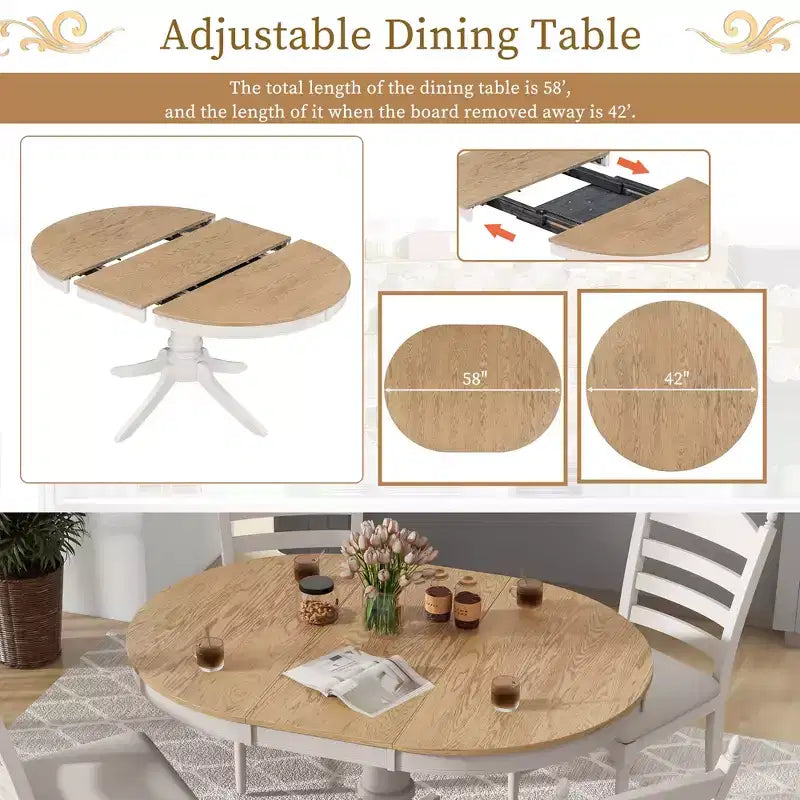 Set tavolo da pranzo rotondo allungabile per 4 persone, set da pranzo stile rustico e 4 sedie imbottite