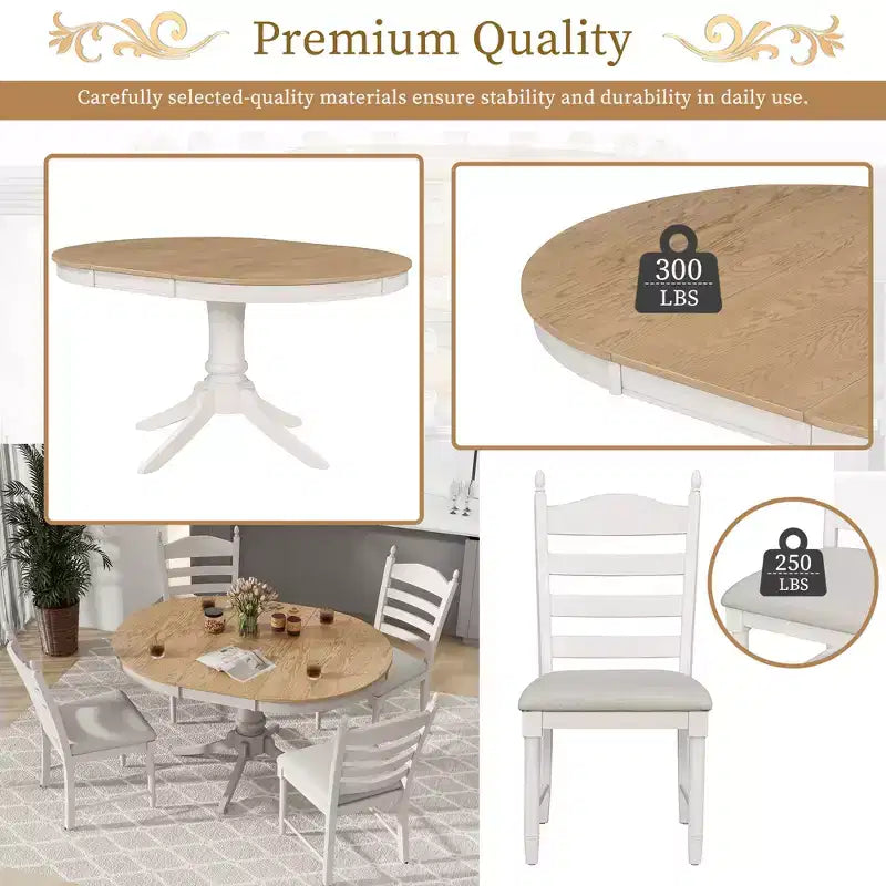 Set tavolo da pranzo rotondo allungabile per 4 persone, set da pranzo stile rustico e 4 sedie imbottite
