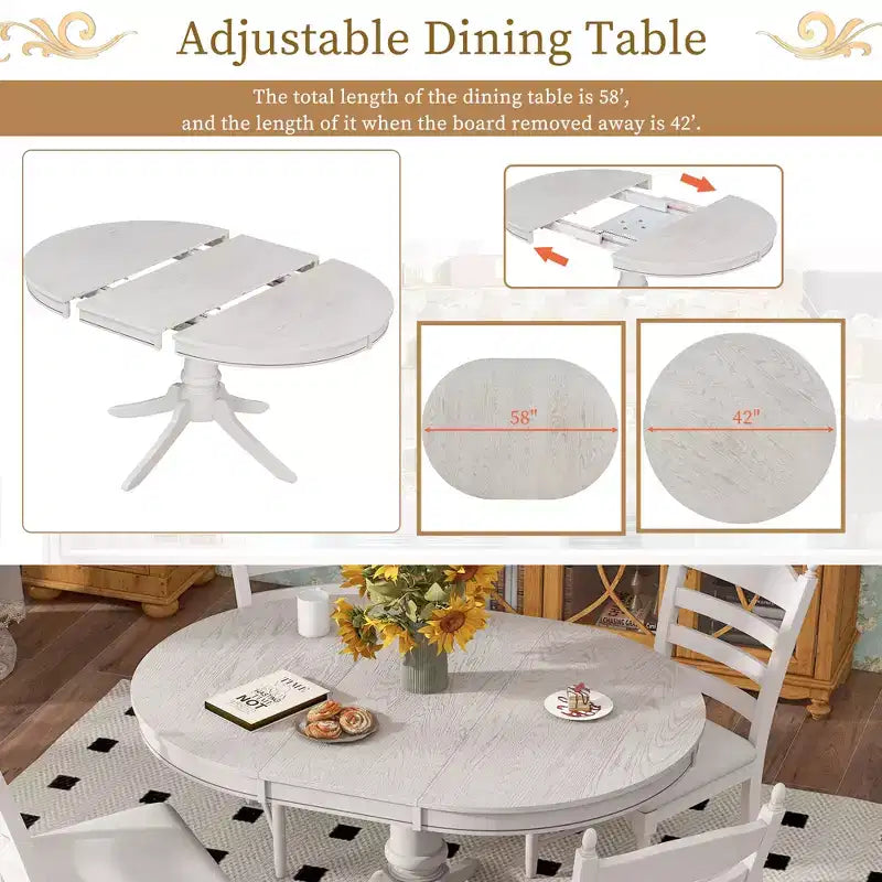 Set tavolo da pranzo rotondo allungabile per 4 persone, set da pranzo stile rustico e 4 sedie imbottite