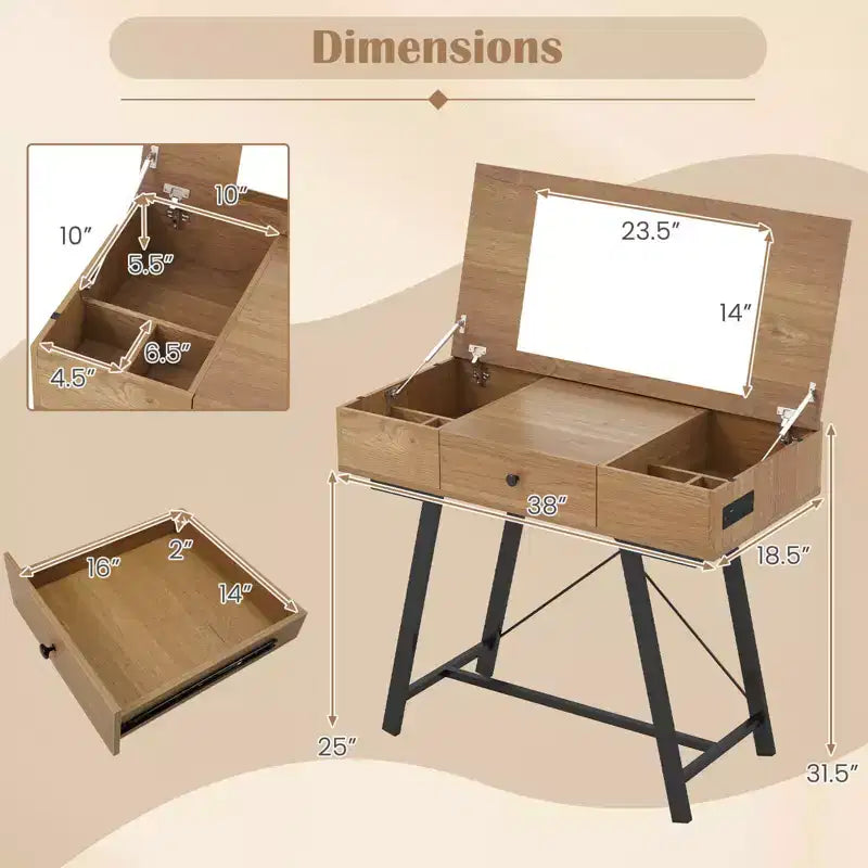 Costway Toeletta con Specchio a Scomparsa Tavolo da Trucco con Prese di Corrente e Cassetto