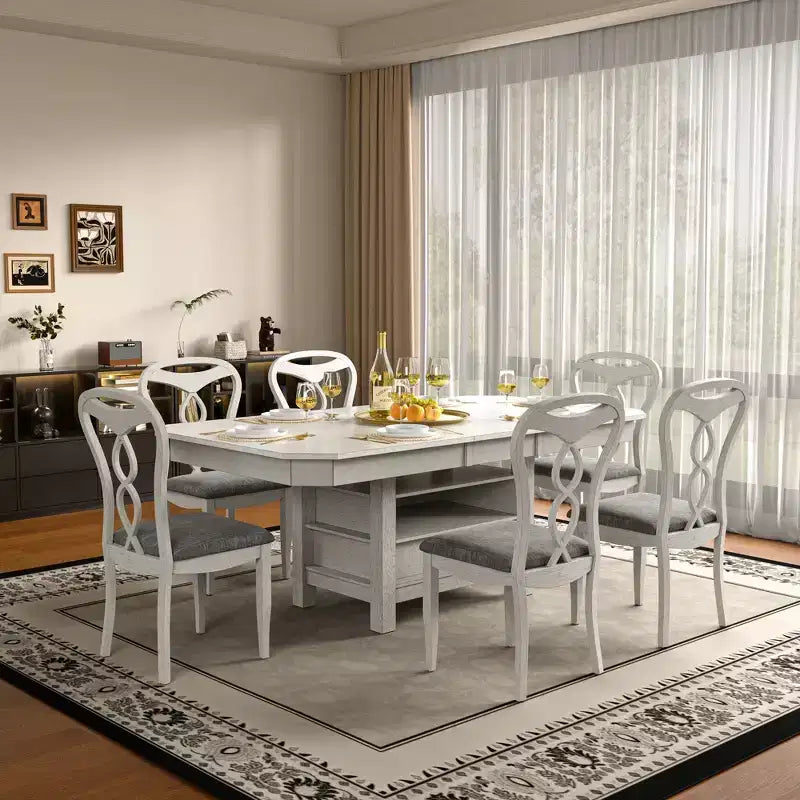 Set da pranzo allungabile VECELO 5/7 pezzi, tavolo in legno di caucciù con 4/6 sedie da pranzo imbottite senza braccioli per cucina, grigio