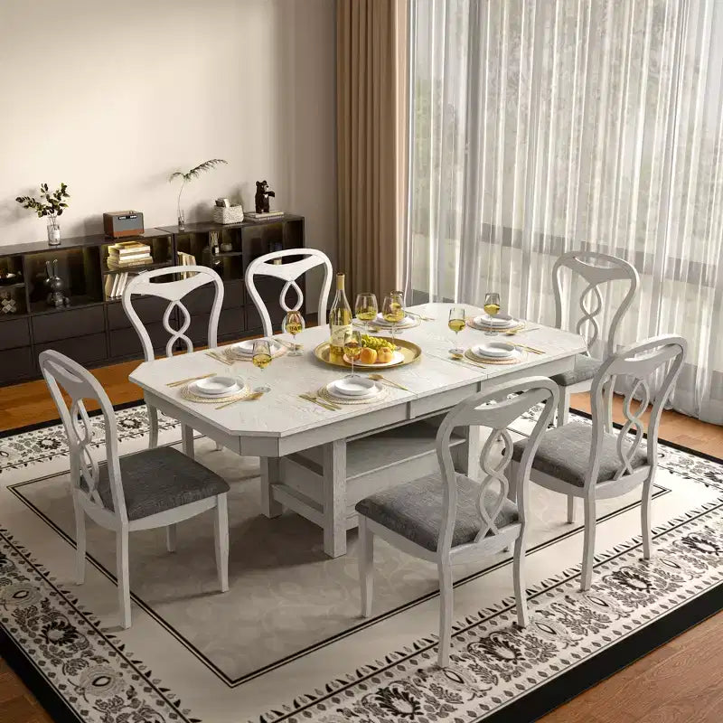 Set da pranzo allungabile VECELO 5/7 pezzi, tavolo in legno di caucciù con 4/6 sedie da pranzo imbottite senza braccioli per cucina, grigio