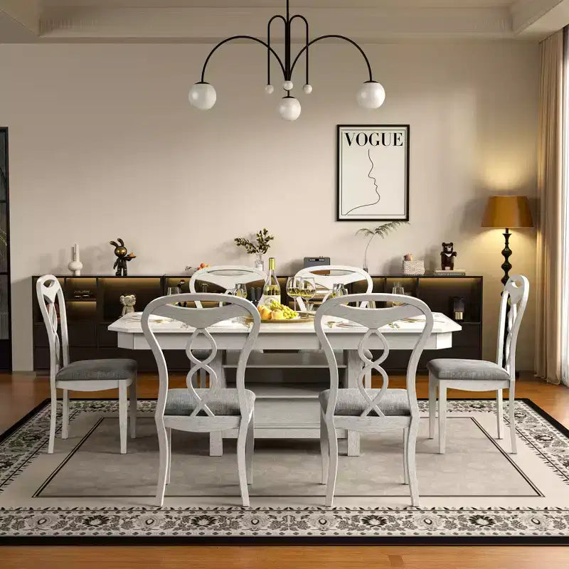 Set da pranzo allungabile VECELO 5/7 pezzi, tavolo in legno di caucciù con 4/6 sedie da pranzo imbottite senza braccioli per cucina, grigio