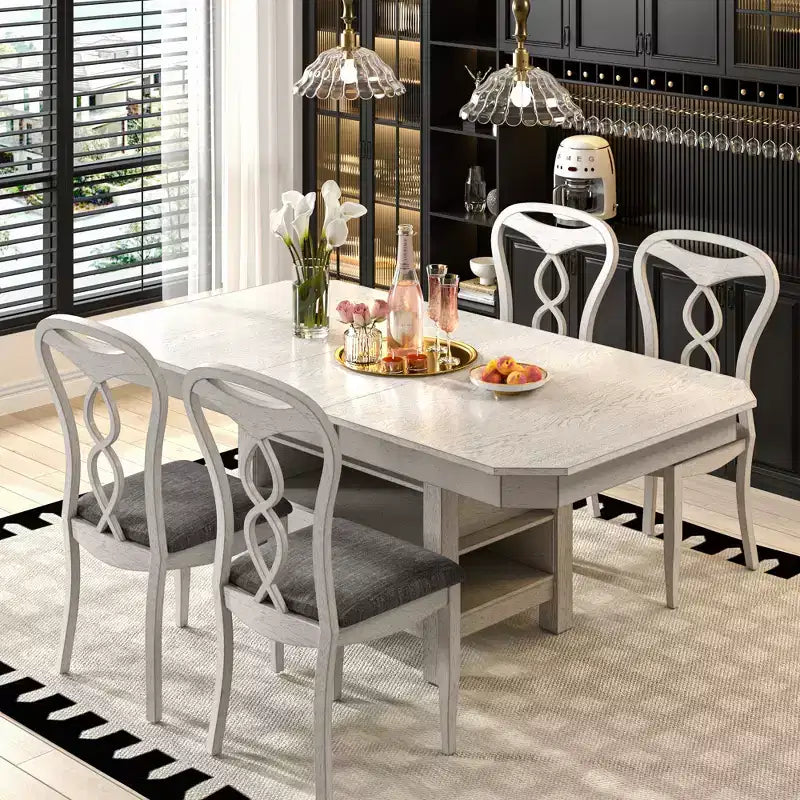 Set da pranzo allungabile VECELO 5/7 pezzi, tavolo in legno di caucciù con 4/6 sedie da pranzo imbottite senza braccioli per cucina, grigio