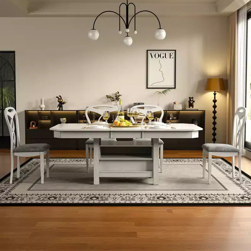 Set da pranzo allungabile VECELO 5/7 pezzi, tavolo in legno di caucciù con 4/6 sedie da pranzo imbottite senza braccioli per cucina, grigio