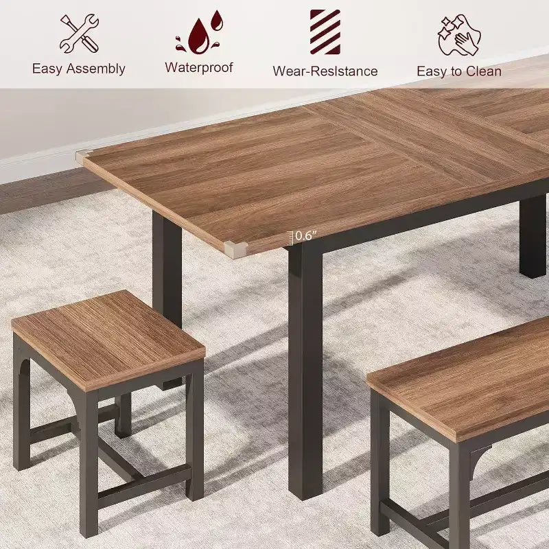 Set tavolo da pranzo allungabile per 48 persone con panche e sgabelli, tavolo da cucina e sala da pranzo grande in legno da 63 pollici