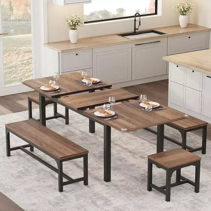 Set tavolo da pranzo allungabile per 48 persone con panche e sgabelli, tavolo da cucina e sala da pranzo grande in legno da 63 pollici