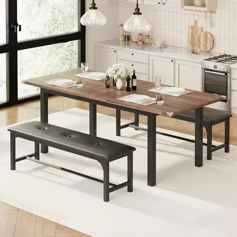 Set tavolo da pranzo allungabile per 48 persone con panche e sgabelli, tavolo da cucina e sala da pranzo grande in legno da 63 pollici