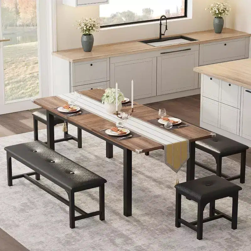 Set tavolo da pranzo allungabile per 48 persone con panche e sgabelli, tavolo da cucina e sala da pranzo grande in legno da 63 pollici