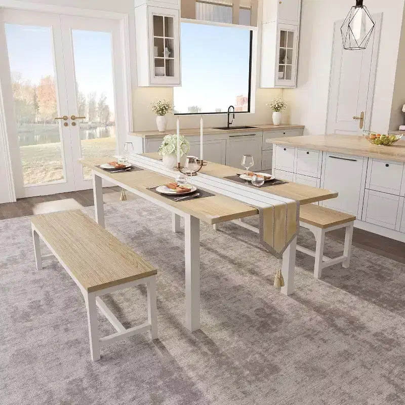Set tavolo da pranzo allungabile per 48 persone con panche e sgabelli, tavolo da cucina e sala da pranzo grande in legno da 63 pollici