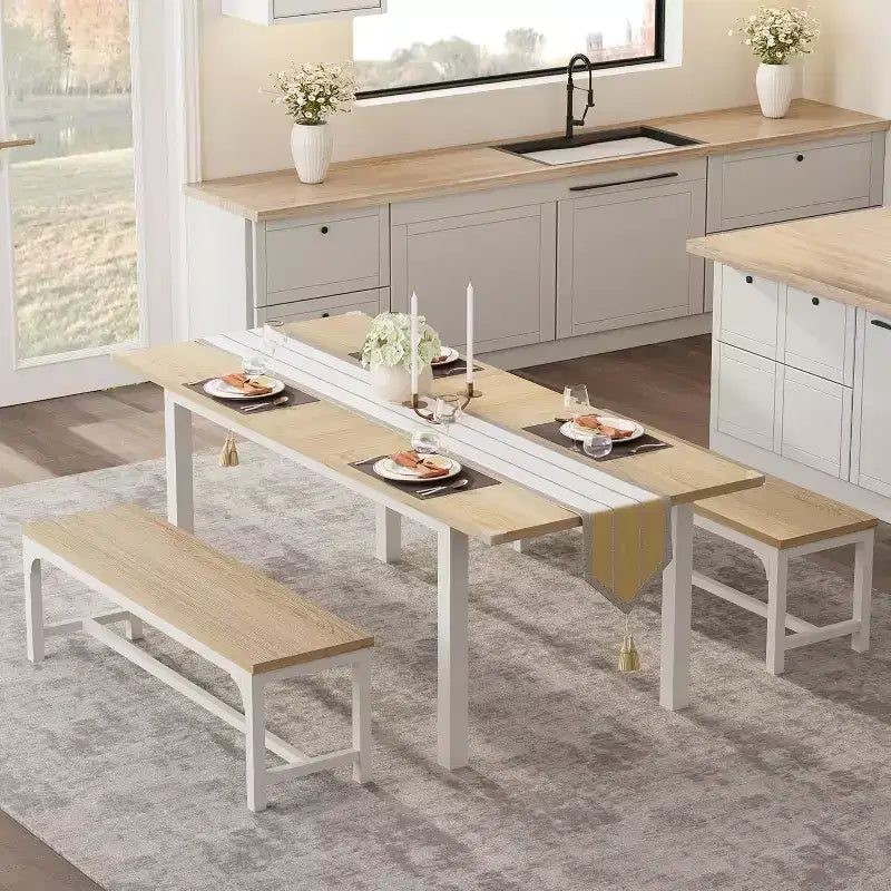 Set tavolo da pranzo allungabile per 48 persone con panche e sgabelli, tavolo da cucina e sala da pranzo grande in legno da 63 pollici