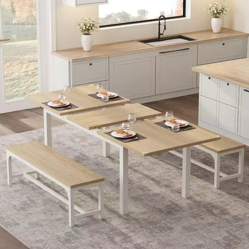 Extendable Dining Table Set for 48 with Benches and Stools, 63 Large Wooden Kitchen and Dining Table