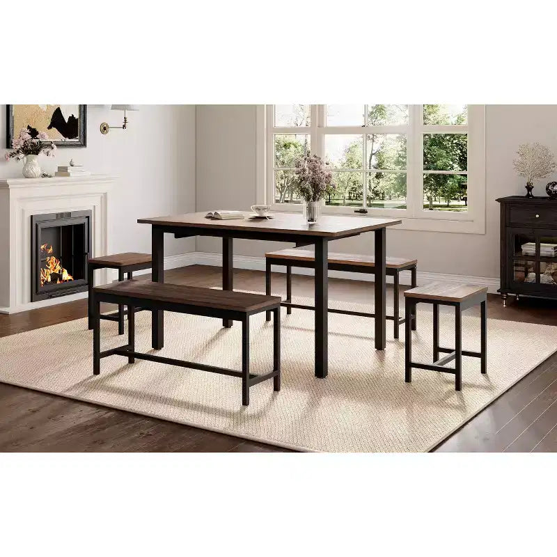 Set da Pranzo Estensibile da 5 Pezzi, Tavolo da Cucina con 2 Sedie e 2 Panche, Set Tavolo da Pranzo per 4-6 Persone, Tavolo da Colazione Salvaspazio