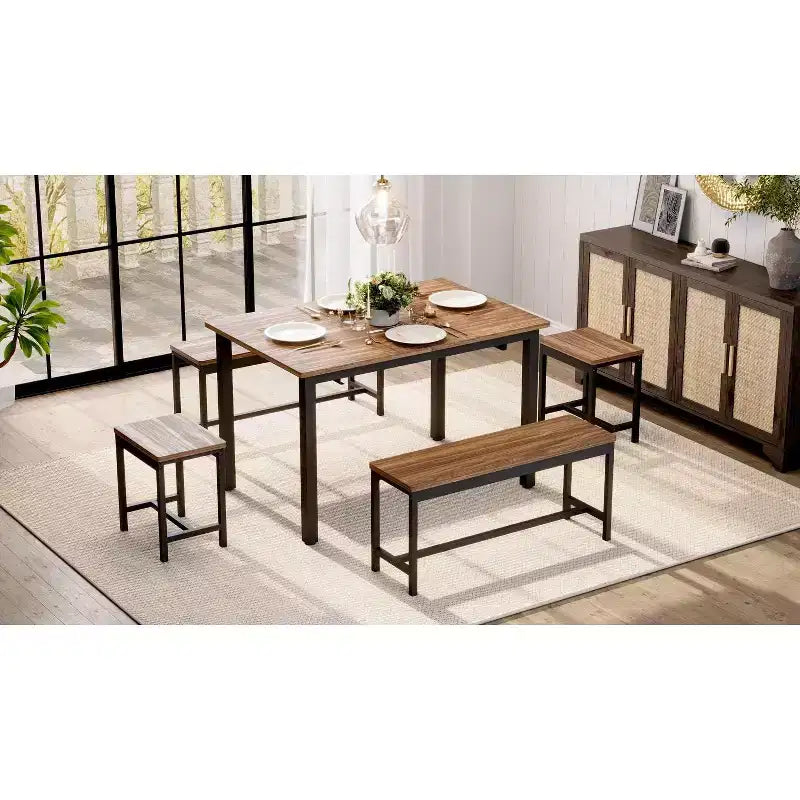 Set da Pranzo Estensibile da 5 Pezzi, Tavolo da Cucina con 2 Sedie e 2 Panche, Set Tavolo da Pranzo per 4-6 Persone, Tavolo da Colazione Salvaspazio