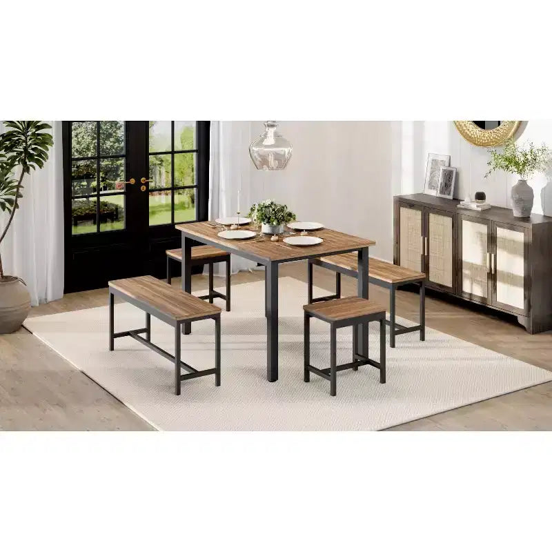 Set da Pranzo Estensibile da 5 Pezzi, Tavolo da Cucina con 2 Sedie e 2 Panche, Set Tavolo da Pranzo per 4-6 Persone, Tavolo da Colazione Salvaspazio
