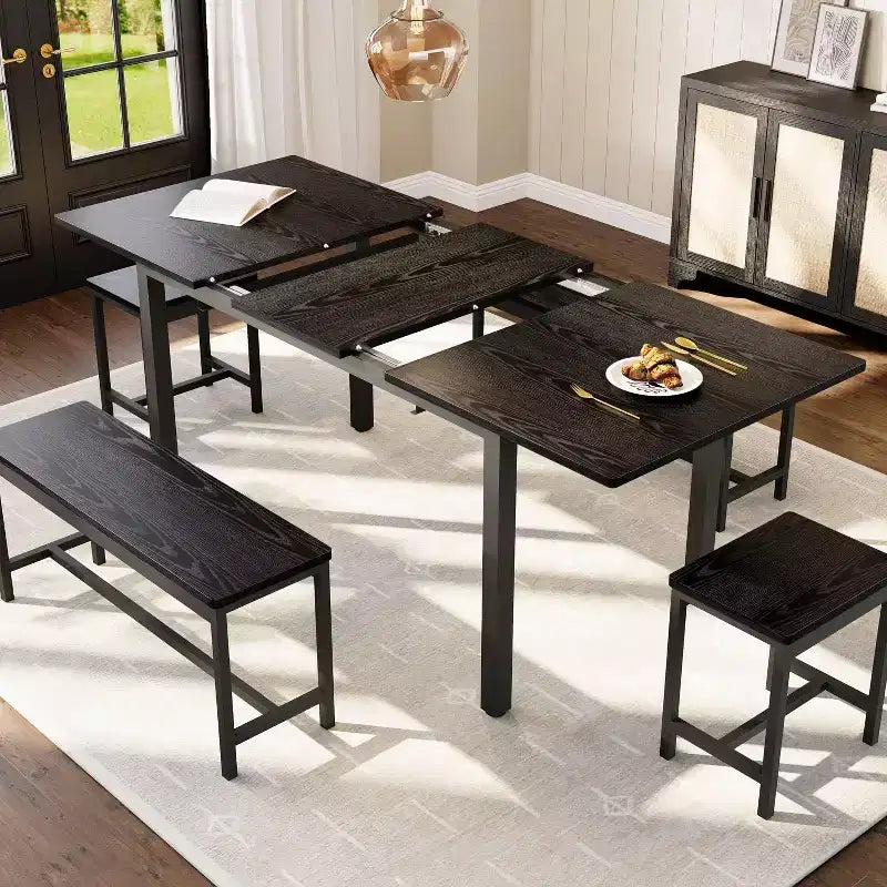 Set da Pranzo Estensibile da 5 Pezzi, Tavolo da Cucina con 2 Sedie e 2 Panche, Set Tavolo da Pranzo per 4-6 Persone, Tavolo da Colazione Salvaspazio