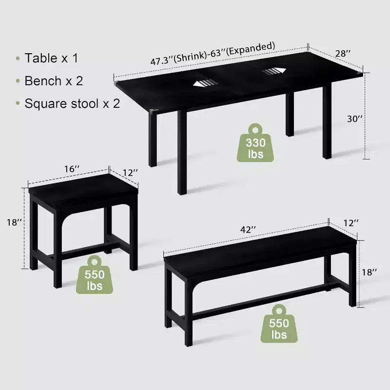 Set da Pranzo Estensibile da 5 Pezzi, Tavolo da Cucina con 2 Sedie e 2 Panche, Set Tavolo da Pranzo per 4-6 Persone, Tavolo da Colazione Salvaspazio