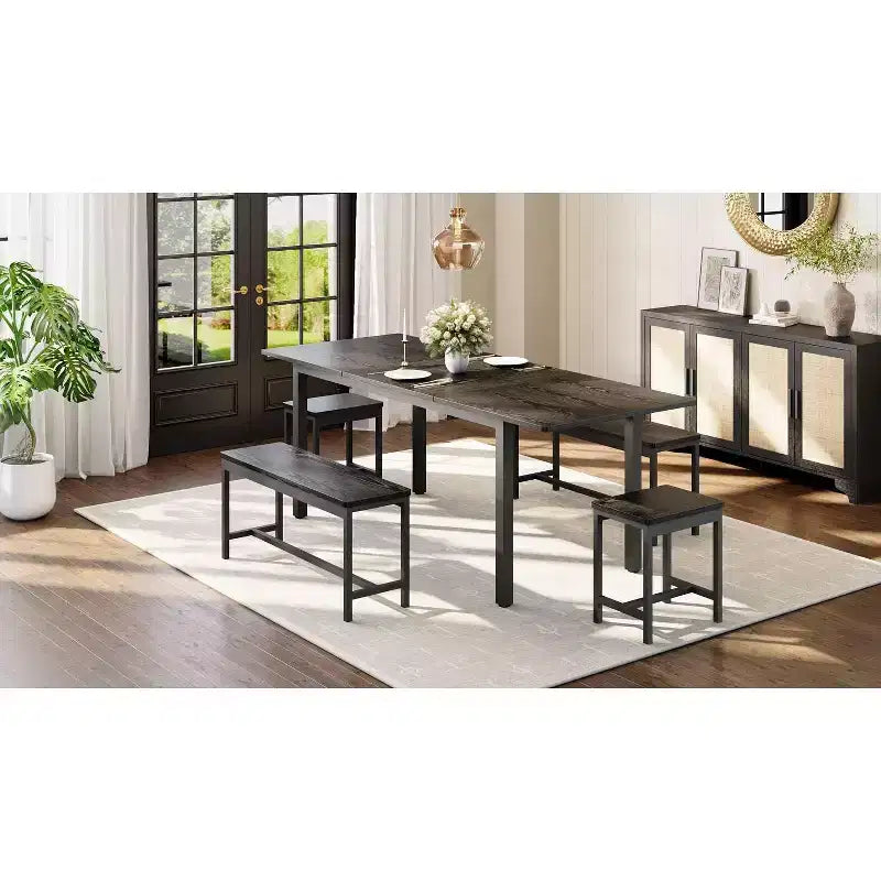 Set da Pranzo Estensibile da 5 Pezzi, Tavolo da Cucina con 2 Sedie e 2 Panche, Set Tavolo da Pranzo per 4-6 Persone, Tavolo da Colazione Salvaspazio