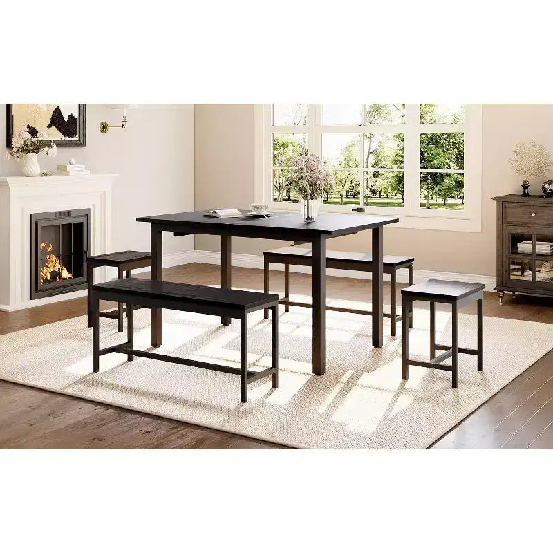 Set da Pranzo Estensibile da 5 Pezzi, Tavolo da Cucina con 2 Sedie e 2 Panche, Set Tavolo da Pranzo per 4-6 Persone, Tavolo da Colazione Salvaspazio
