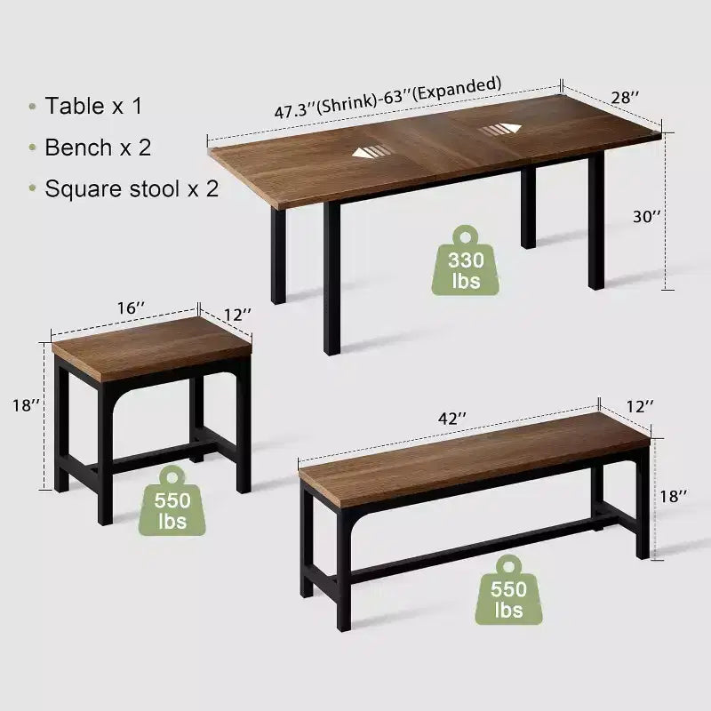 Set da Pranzo Estensibile da 5 Pezzi, Tavolo da Cucina con 2 Sedie e 2 Panche, Set Tavolo da Pranzo per 4-6 Persone, Tavolo da Colazione Salvaspazio
