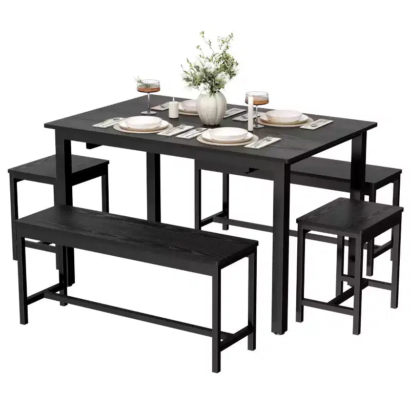 5 Piece Extendable Dining Table Set, Kitchen Table with 2 Chairs and 2 Benches, Kitchen Dining Table Set for 4-6, Space Saving Breakfast Table
