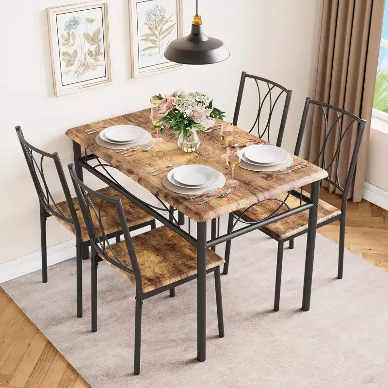 Tavolo e sedie da cucina, set tavolo da pranzo per 4 con sedie, tavolo da pranzo rettangolare in metallo e legno per piccoli spazi, appartamento