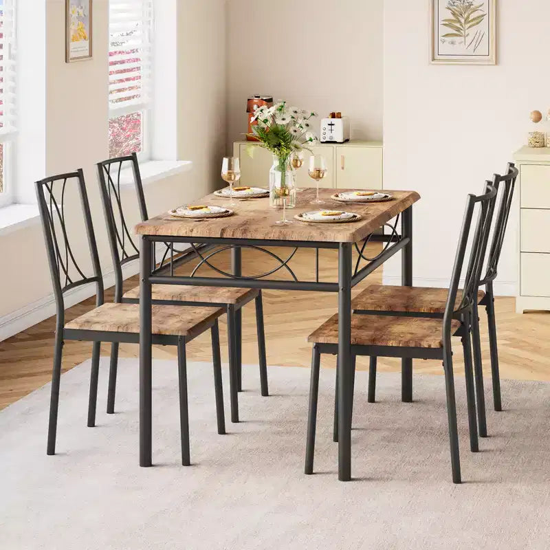 Tavolo e sedie da cucina, set tavolo da pranzo per 4 con sedie, tavolo da pranzo rettangolare in metallo e legno per piccoli spazi, appartamento