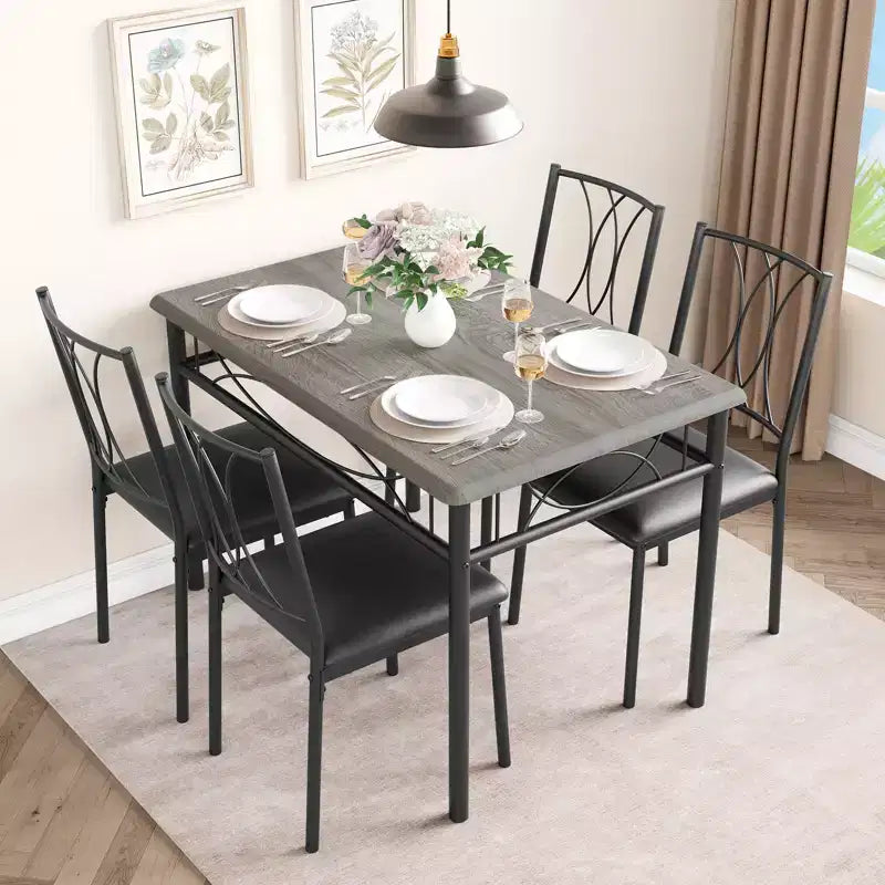Tavolo e sedie da cucina, set tavolo da pranzo per 4 con sedie, tavolo da pranzo rettangolare in metallo e legno per piccoli spazi, appartamento