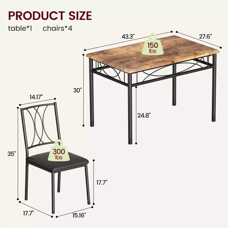 Tavolo e sedie da cucina, set tavolo da pranzo per 4 con sedie, tavolo da pranzo rettangolare in metallo e legno per piccoli spazi, appartamento
