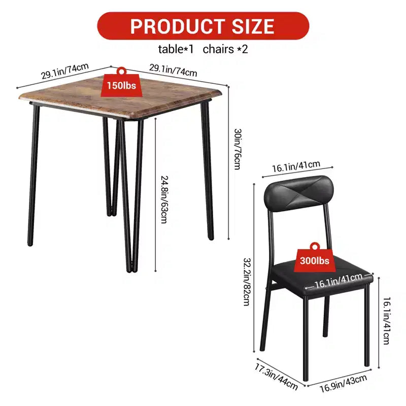 Tavolo da pranzo per 2, Tavolo piccolo e set di sedie da 2, Set da pranzo quadrato per 2, Set da 3 pezzi per cucina e sala da pranzo per piccoli spazi, Appartamento, Ufficio domestico