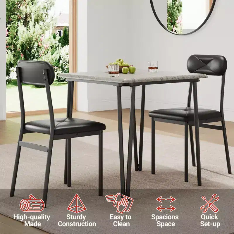 Tavolo da pranzo per 2, Tavolo piccolo e set di sedie da 2, Set da pranzo quadrato per 2, Set da 3 pezzi per cucina e sala da pranzo per piccoli spazi, Appartamento, Ufficio domestico