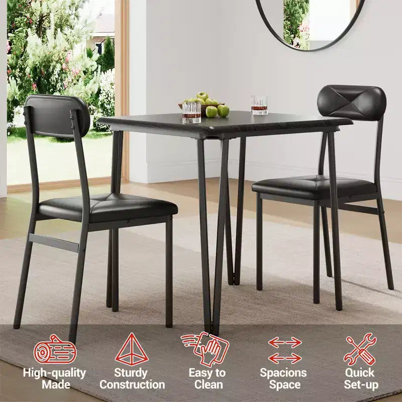 Tavolo da pranzo per 2, Tavolo piccolo e set di sedie da 2, Set da pranzo quadrato per 2, Set da 3 pezzi per cucina e sala da pranzo per piccoli spazi, Appartamento, Ufficio domestico