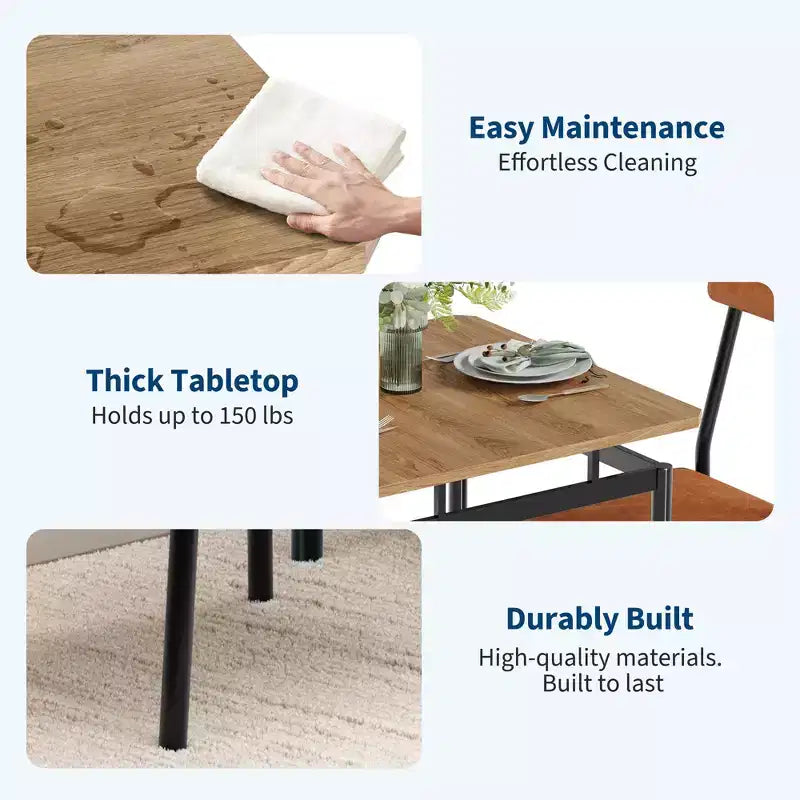 Set da 2 Tavolo da Pranzo, Set Tavolo da Pranzo in Legno da 3 Pezzi, 2 Sedie Imbottite in PU, Struttura Moderna in Metallo per Sala da Pranzo, Cene Casalinghe, Feste, Appartamento