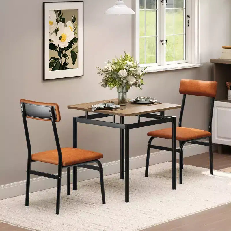 Set da 2 Tavolo da Pranzo, Set Tavolo da Pranzo in Legno da 3 Pezzi, 2 Sedie Imbottite in PU, Struttura Moderna in Metallo per Sala da Pranzo, Cene Casalinghe, Feste, Appartamento