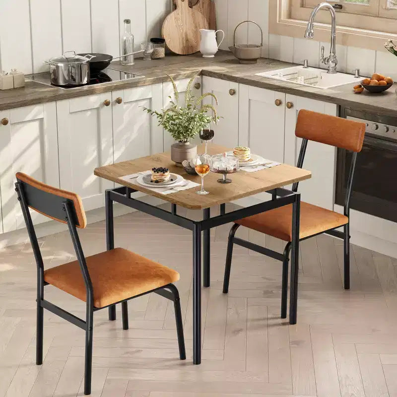 Set da 2 Tavolo da Pranzo, Set Tavolo da Pranzo in Legno da 3 Pezzi, 2 Sedie Imbottite in PU, Struttura Moderna in Metallo per Sala da Pranzo, Cene Casalinghe, Feste, Appartamento