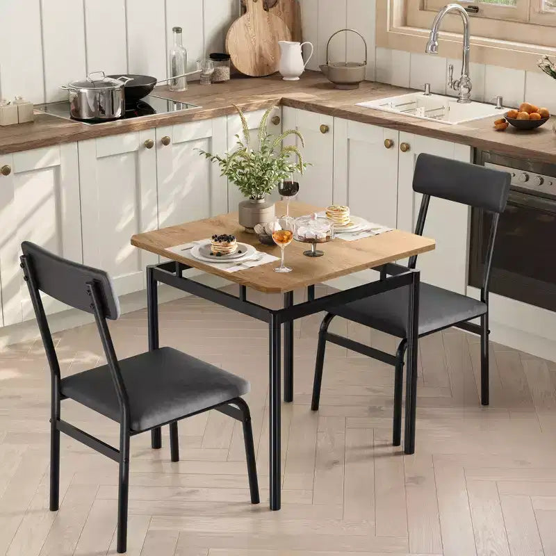 Set da 2 Tavolo da Pranzo, Set Tavolo da Pranzo in Legno da 3 Pezzi, 2 Sedie Imbottite in PU, Struttura Moderna in Metallo per Sala da Pranzo, Cene Casalinghe, Feste, Appartamento