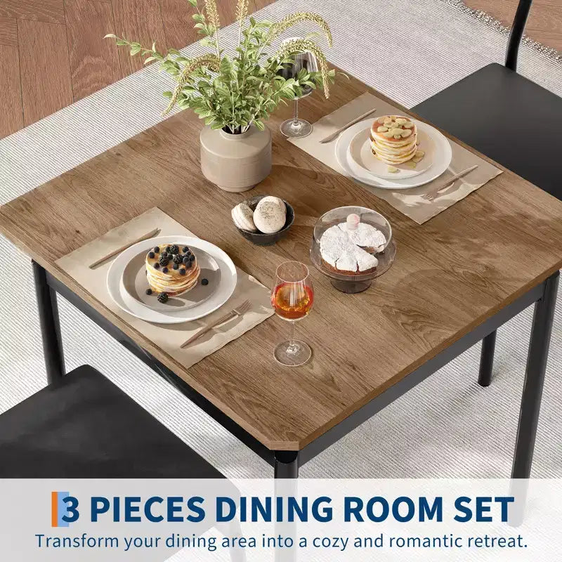 Set da 2 Tavolo da Pranzo, Set Tavolo da Pranzo in Legno da 3 Pezzi, 2 Sedie Imbottite in PU, Struttura Moderna in Metallo per Sala da Pranzo, Cene Casalinghe, Feste, Appartamento