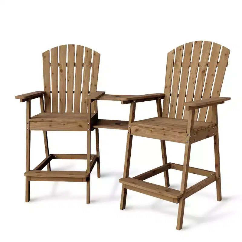 Set di 2 sedie Adirondack con vassoio di collegamento, sedie Adirondack da balcone altezza bar per ponte, cortile, sedie Adirondack alte, legno naturale