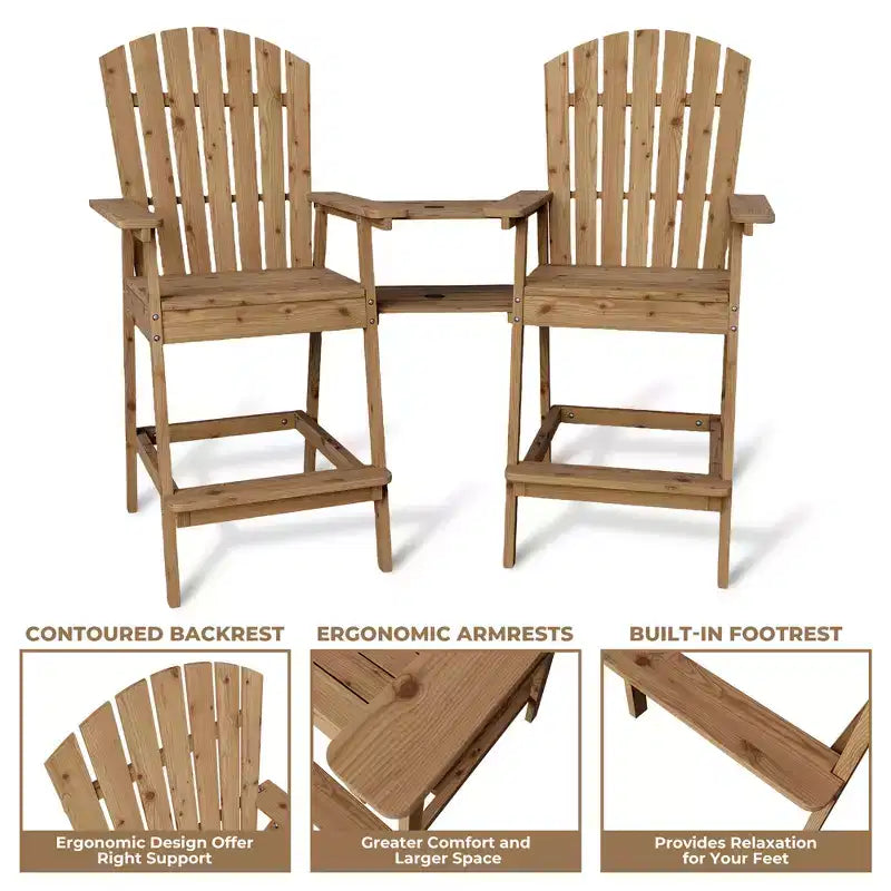 Set di 2 sedie Adirondack con vassoio di collegamento, sedie Adirondack da balcone altezza bar per ponte, cortile, sedie Adirondack alte, legno naturale