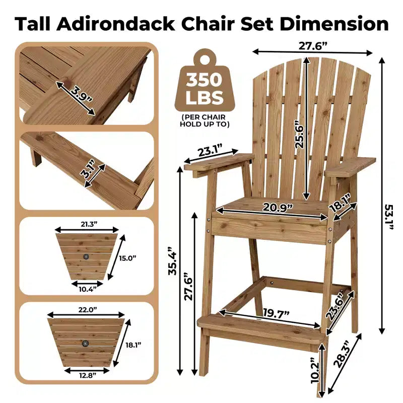 Set di 2 sedie Adirondack con vassoio di collegamento, sedie Adirondack da balcone altezza bar per ponte, cortile, sedie Adirondack alte, legno naturale