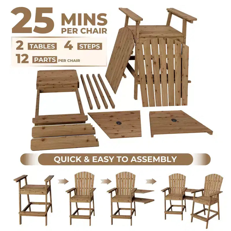 Set di 2 sedie Adirondack con vassoio di collegamento, sedie Adirondack da balcone altezza bar per ponte, cortile, sedie Adirondack alte, legno naturale