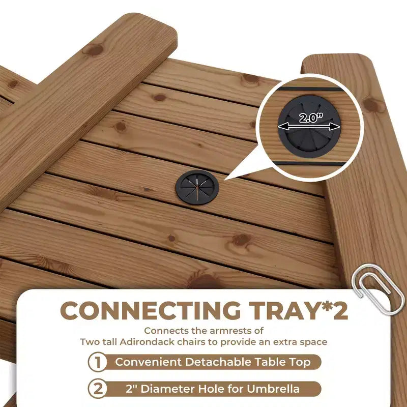 Set di 2 sedie Adirondack con vassoio di collegamento, sedie Adirondack da balcone altezza bar per ponte, cortile, sedie Adirondack alte, legno naturale